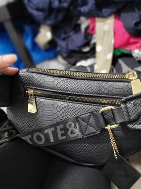 Textured Black Tote & Crossbody Bag with Gold Hardware